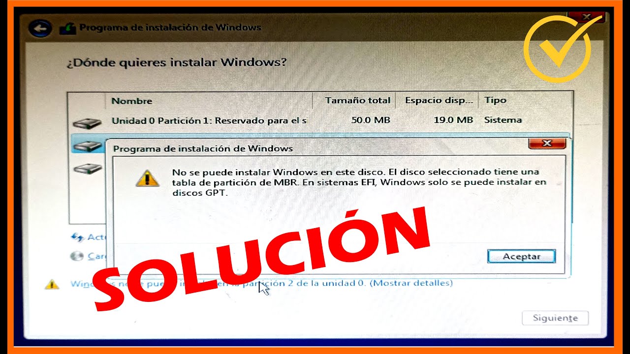ERROR al Instalar Windows tabla de partición MBR en sistemas EFI windows solo puede instalar en GPT