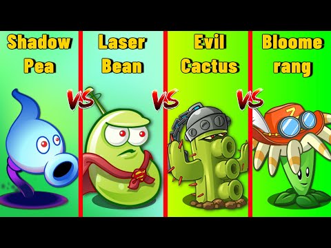 PVZ 2 "Shadow Pea Powered vs Bloomerang vs Laser Bean vs Cactus" - Who Will Win?