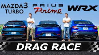 2023 Toyota Prius Prime vs Mazda3 Turbo vs Subaru WRX // DRAG & ROLL RACE