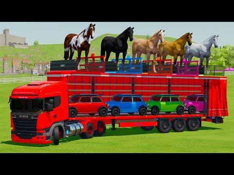 LOAD AND TRANSPORT HORSES & MINI COOPER WITH SCANIA TRUCK -  Farming Simulator 22