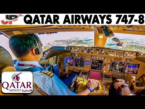 Qatar Airways Boeing 747-8 Cockpit Landing at Paris CDG