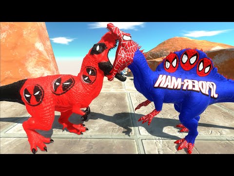 DEADPOOL VS SPIDERMAN T-REX DEATH CLIMB MOUNTAIN - Animal Revolt Battle Simulator