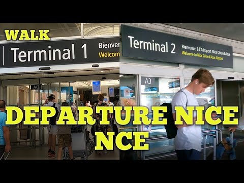 Partida Caminhe do Terminal 2 do Aeroporto de Nice Côte d'Azur até o Terminal 1 até a aeronave.