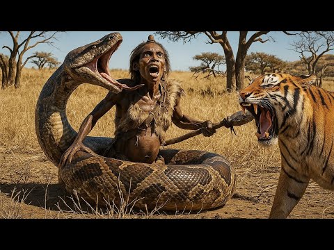 Life Ancient Million Years Ago: Prehistoric Men Rescue Pregnant Prehistoric Woman From Giant Python