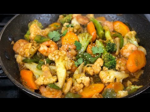 Fried Shrimp with broccoli and cauliflower quick & easy 15 Minutes recipe!!