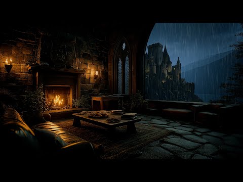 Cozy Old Castle Room When Rain and Thunder with Crackling Fireplace - Medieval Ambience