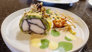 견과류 허브 빠떼를 두른 치킨 발로틴, 브로컬리 프리터, 천혜향에 글레이징한 아스파라거스