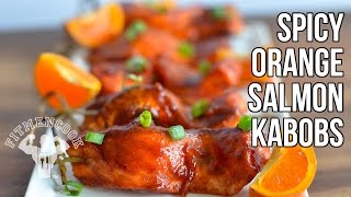 Spicy Orange Glazed Baked Salmon Kabobs / Brochetas de Salmón con Salsa de Naranja