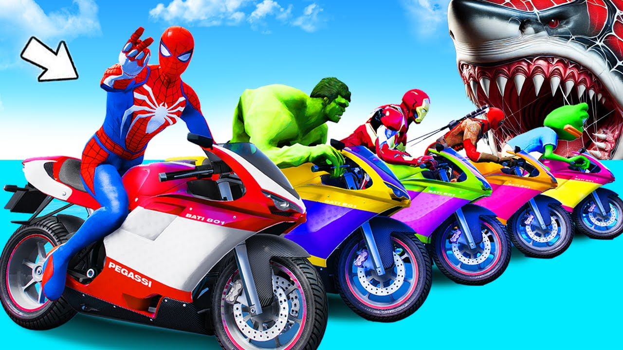 الأبطال الخارقين على القضبان دوامة قمع جسر 🚴‍♂️ SPIDER MAN!on Motorcycle in Spiral Bridge Stunt Rid