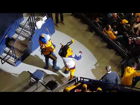 NHL Nashville Predators Mascot Gnash Dueling Banjos with Columbus Blue Jackets Mascot