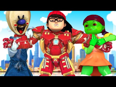 Super Hero NickHulk Buster vs Zombie Icescream and Doll Squid Game - Scary Teacher 3D Protect City