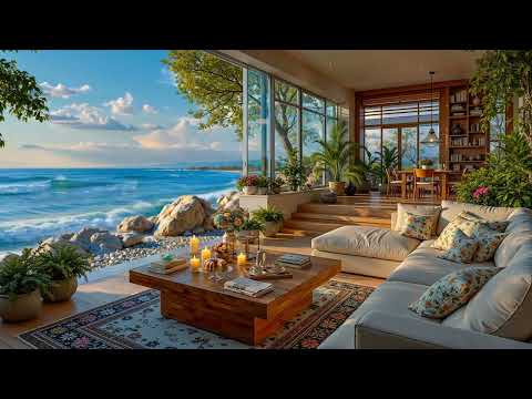 Elegant Seaside Ambience With Soft Jazz Music | A Relaxing Lounge Space & Gentle Waves for Unwind