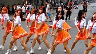 Vietnamese Girls Dance to KPop Music in Hanoi Vietnam Old Quarter Street