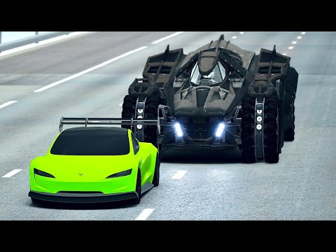 Tesla Roadster GTR vs Batmobile Arkham Knight - Drag Race 20 KM