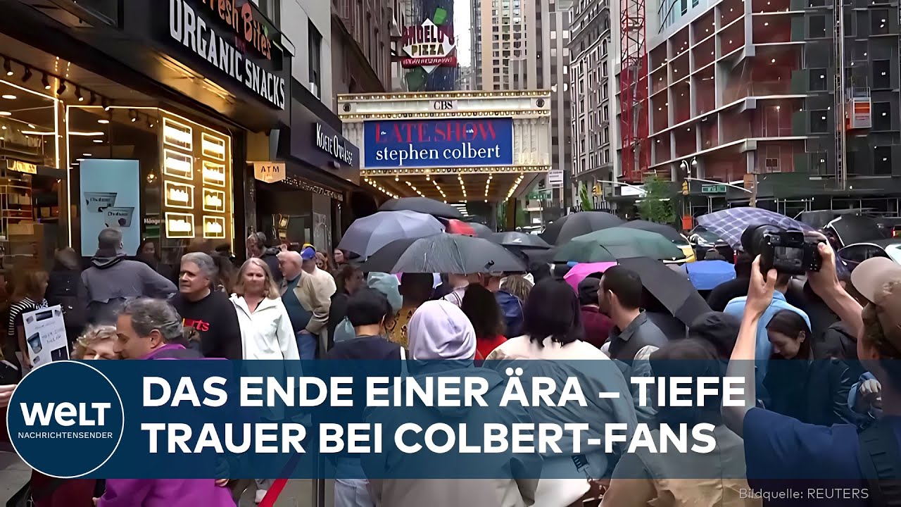 LATE SHOW: Fans verabschieden Stephen Colbert mit Schildern im Regen in New York