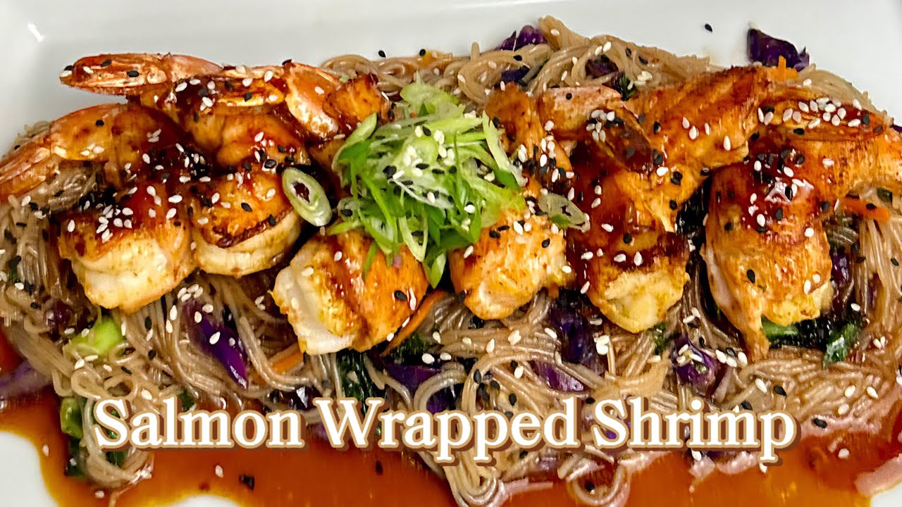 Salmon Wrapped Shrimp over Vermicelli Rice Noodles