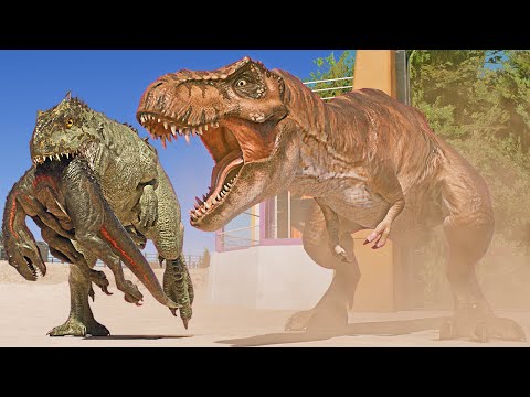 T-REX vs ALL MAX STATS HUGE CARNIVORES & Therizinosaurus Dinosaurs BATTLE Jurassic World Evolution 3