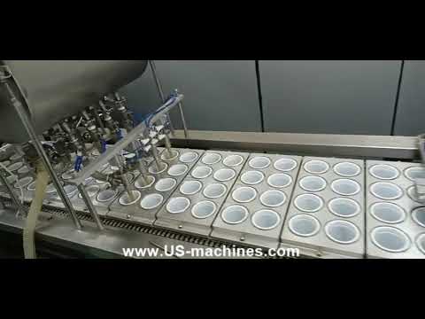 Automatic drink juice milk yogurt cup pod 4 lanes filling sealing machine production video