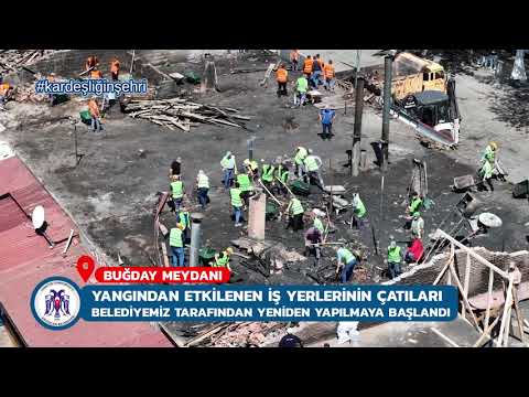 Buğday Meydanı’nda yangında hasar gören iş yerlerinin çatıları inşa edilmeye başlandı. 20.05.2025