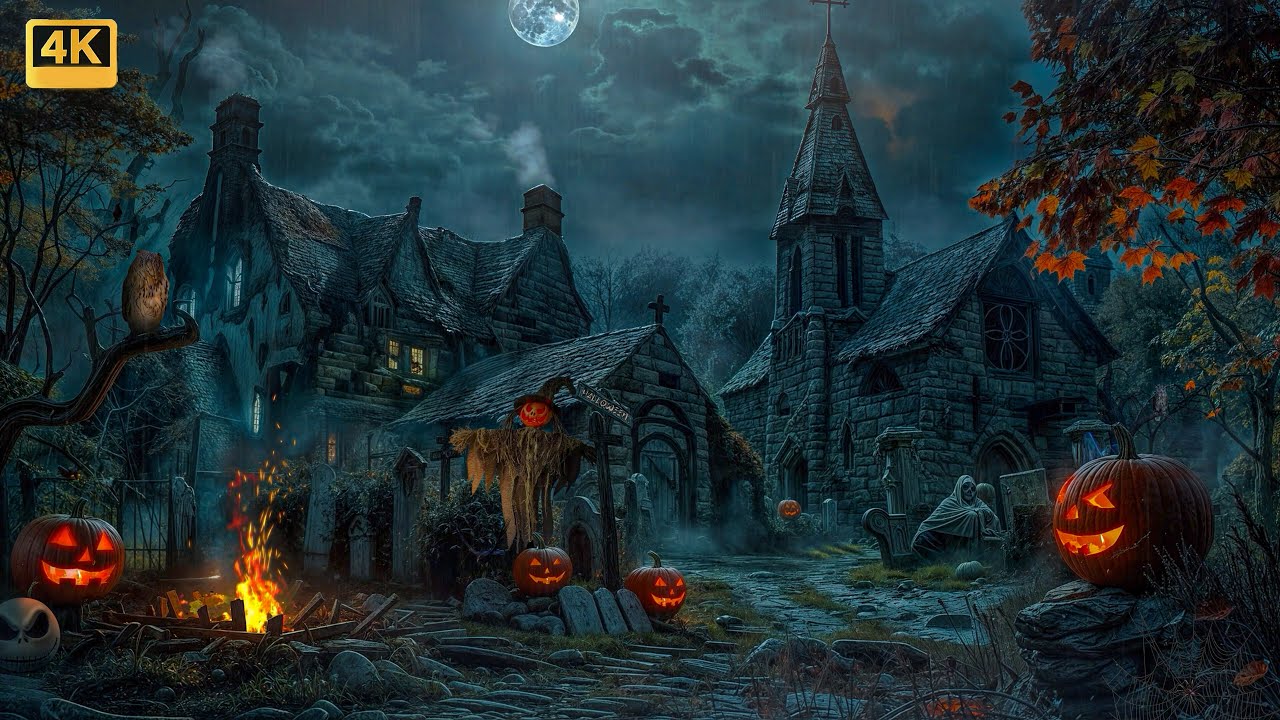 Haunted Village Medieval Halloween Ambience with Relaxing Light Rain &  Crackling Fire, Nature Sound
