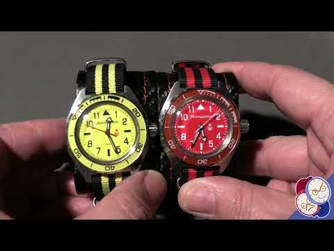 Quick Closeup - a pair of colorful Vostok Komandirskie automatic watches