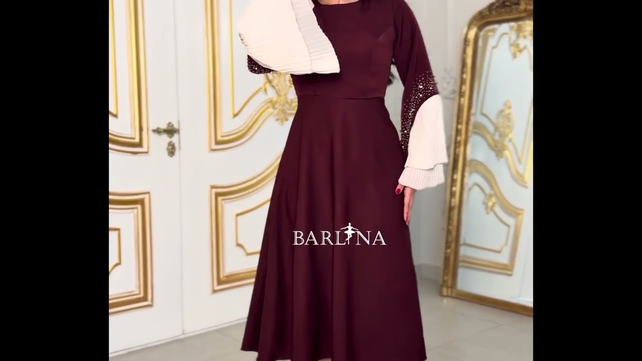 Soft burgundy midi dress with embellished sleeves - XXL