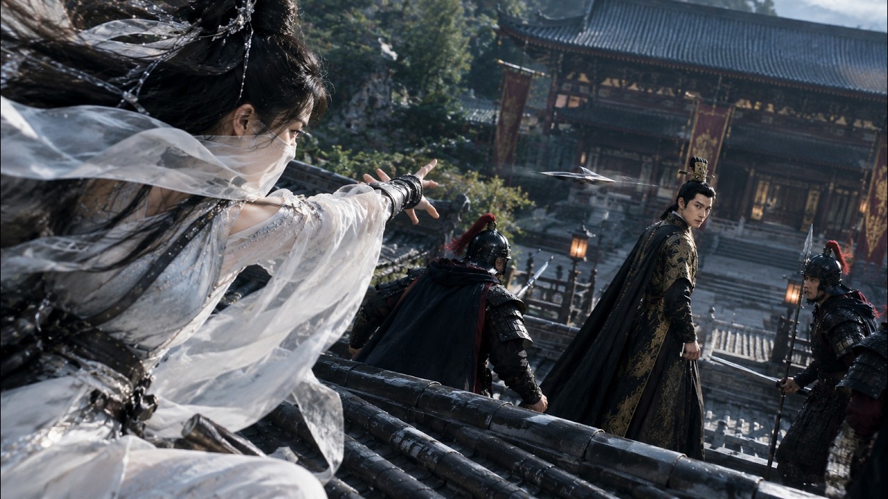 Masked female assassin strikes with hidden darts, the guard swears to defend his lord with his life.