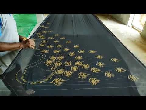 Metallic parul gold peacock painting design on Saree | Parul gold peacoc...