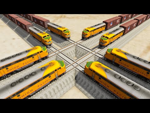 Impossible Four Overlapping Rail Tracks Vs Trains Crossing - BeamNG.Drive