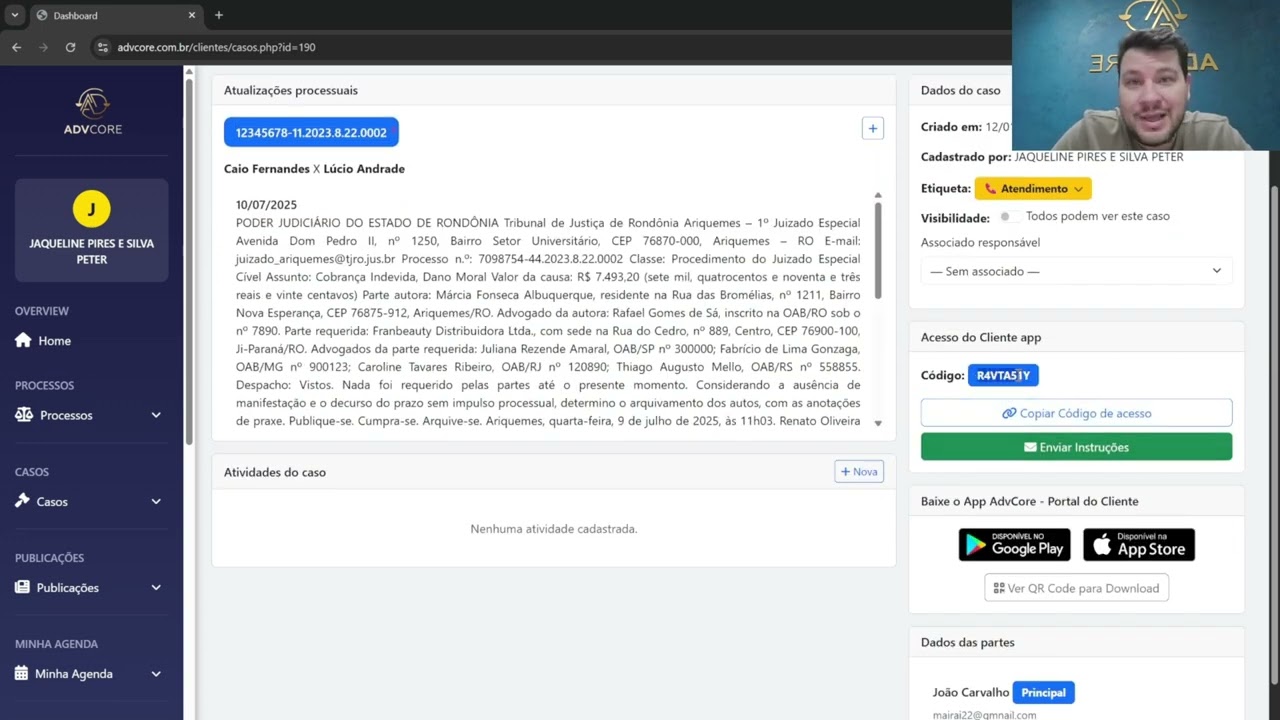 Informações da Aba Resumo dos Casos no AdvCore Academy | Sistema Jurídico AdvCore