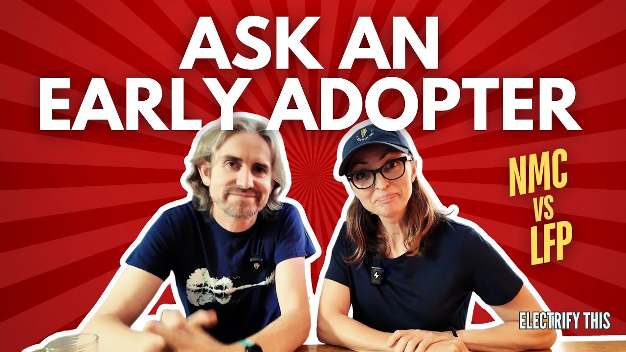 Two people discussing NMC versus LFP battery chemistry in a casual outdoor setting