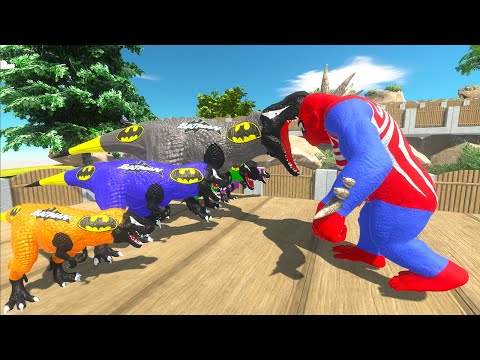 SPIDERMAN GORO VS BATMAN T-REX FAMILY & CAPTAIN AMERICA DEATH FALL - Animal Revolt Battle Simulator