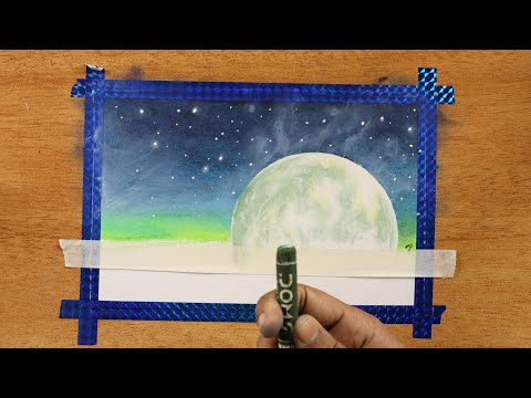 Beautiful moonlight scenery drawing with oil pastels for beginners - step by step