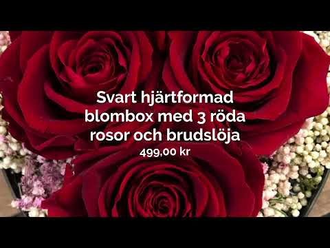 Blomobox Hyllie AB - Svart hjärtformad blombox med 3 röda rosor och brudslöja