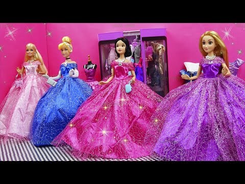 Barbie Rapunzel Snow White Cinderella Dolls Wedding Day Morning Dressing Up - Playing with Dolls