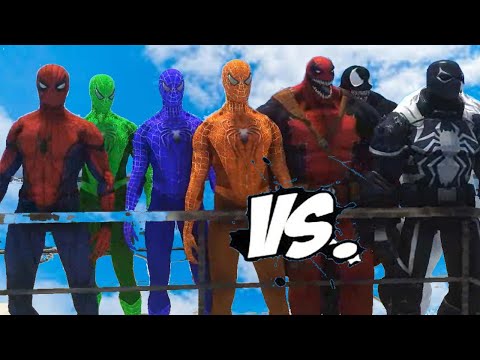 SPIDER-MAN, GREEN SPIDERMAN, BLUE SPIDERMAN, ORANGE SPIDERMAN VS VENOM TEAM