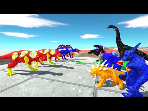 SPEED RACE COUPLE FLASH T-REX VS SPIDERMAN SPINOSAURUS DEATH RUN - Animal Revolt Battle Simulator