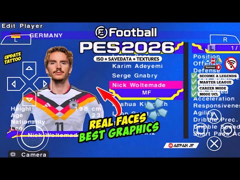 eFootball PES 2026 PPSSPP Android Offline Full Update UCL & League Kits 25/26 Season 4k Graphics