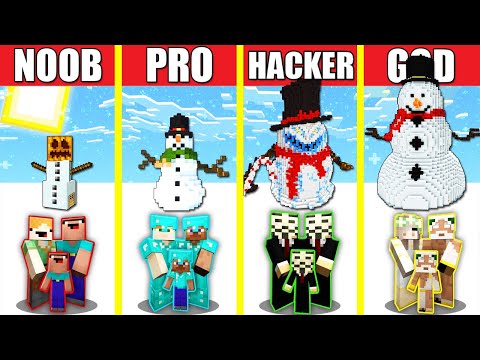 Minecraft Battle: SNOWMAN HOUSE BUILD CHALLENGE - NOOB vs PRO vs HACKER vs GOD Animation SNOW GOLEM
