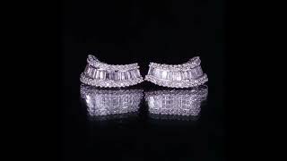 Unqiue 14k White Gold Baguette and Round Diamond Swoop Stud Earrings 1.50 CTW
