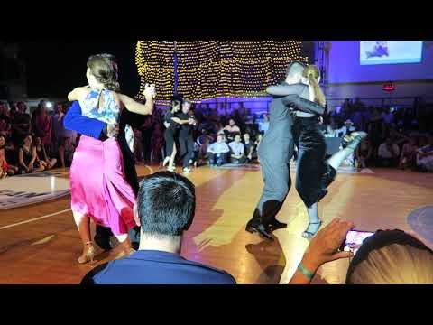  Juana Sepulveda,    Javier Rodriguez,    Moira Castellano,    Fernando Sanchez,    Ariadna Naveira,    Fabian Salas,    Lola Diaz,    and  Mariano Frumboli  are  dancing  to  the  tango  "  La Yumba  "  by  Osvaldo Pugliese  at  A los amigos tango festival  in  2019