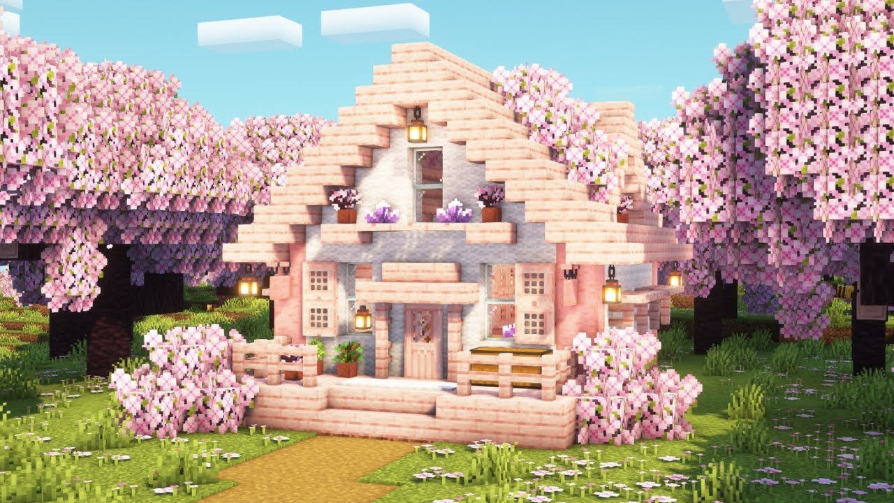 [Minecraft] How to Build a Cherry Blossom Starter House / Tutorial - YouTube