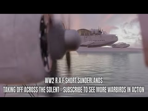 WWII RAF Short Sunderland Flying Boats take off from the Solent