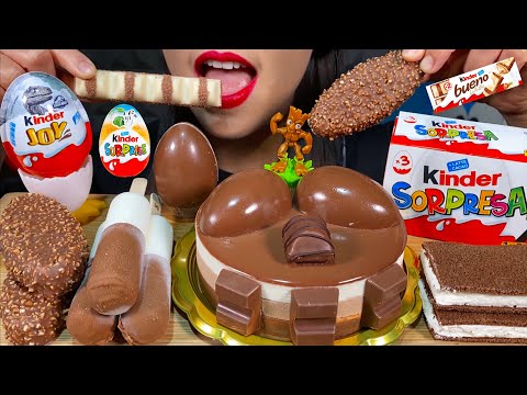 ASMR KINDER DESSERT PARTY, TRIPLE CHOCOLATE MOUSSE CAKE, ICE CREAM, BUENO WHITE, SURPRISE MASSIVE