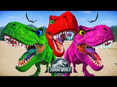 Tyrannosaurus Rex Colour Pack vs Malusaurus vs Demon Spinosaurus Dinosaurs Fighting - JWE