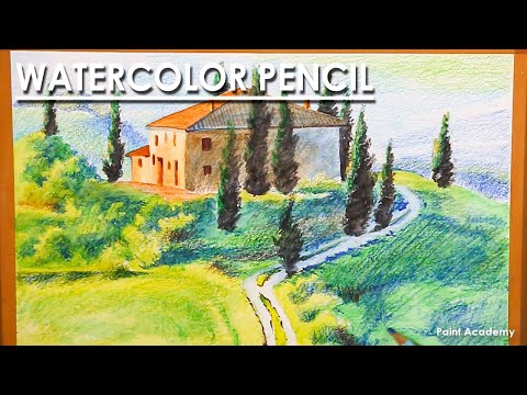 Watercolor Pencil Landscape An Italian Tuscany Countryside Drawing