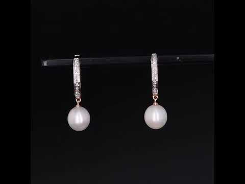Pure 14K 585 Rose Gold Sparkling Diamond Elegant Fresh Water Pearl Earrings Unique Trendy Wedding