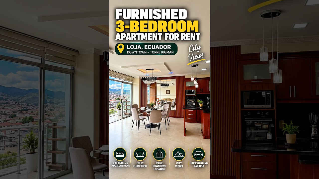 Video cover for a furnished three-bedroom apartment for rent in Torre Kigman, Loja