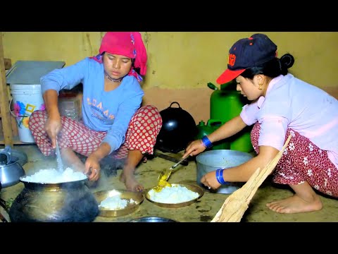 Having dinner all together villagers , Pork boil in dinner