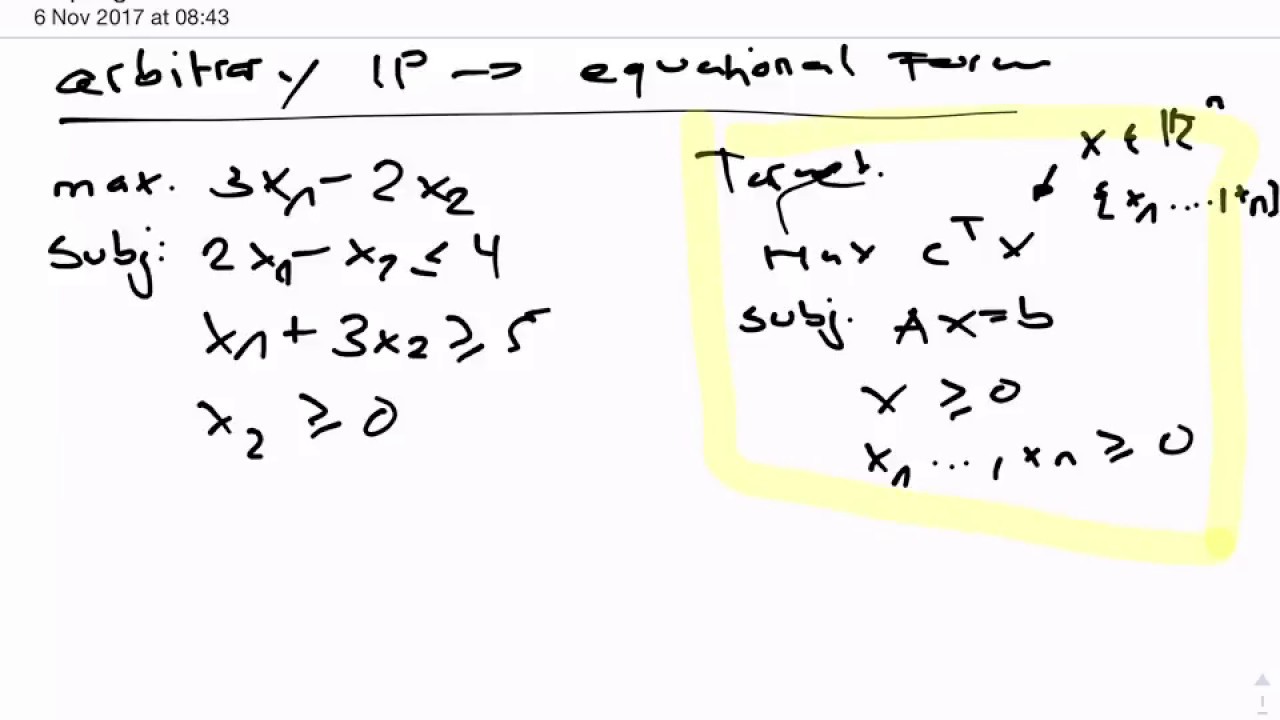 Transform abritrary linear program to equational form